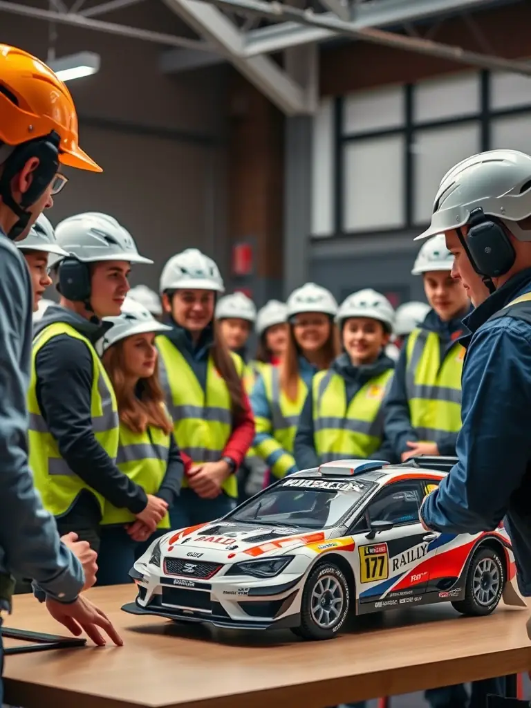 A group of participants attending a DEVOLUY RALLYE TEAM motorsport safety workshop, emphasizing the importance of safety in motorsports.