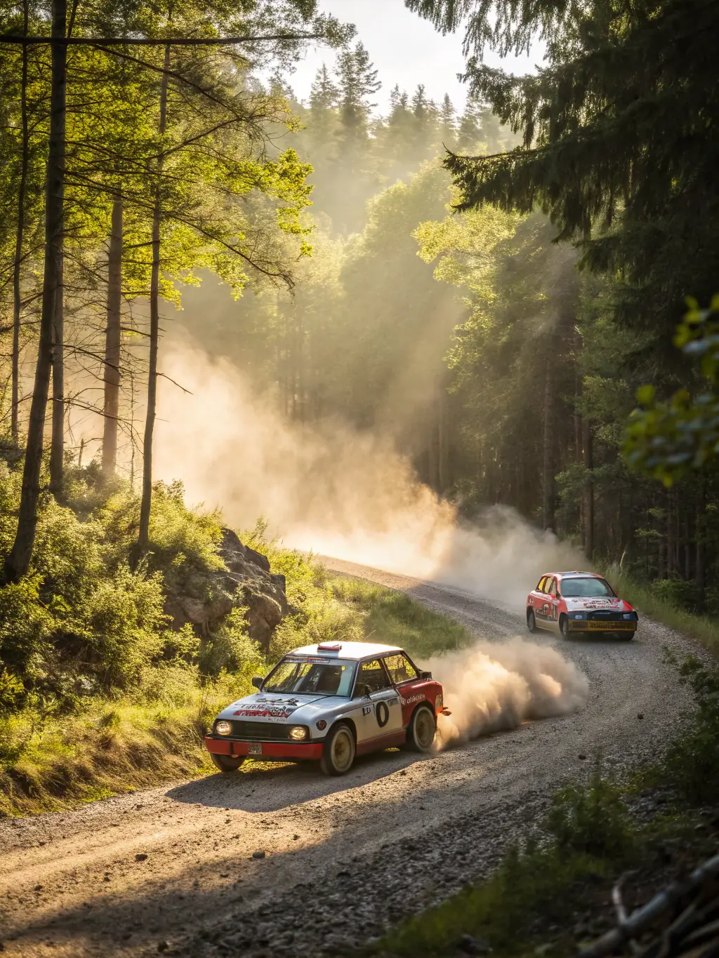 A DEVOLUY RALLYE TEAM community drive event, featuring a convoy of rally cars driving through scenic mountain roads.